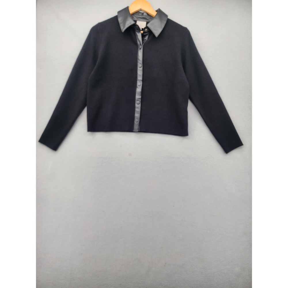 Sioni Black Cardigan Faux Leather Collar Snap‎ Front Knit Sweater Womens Small S